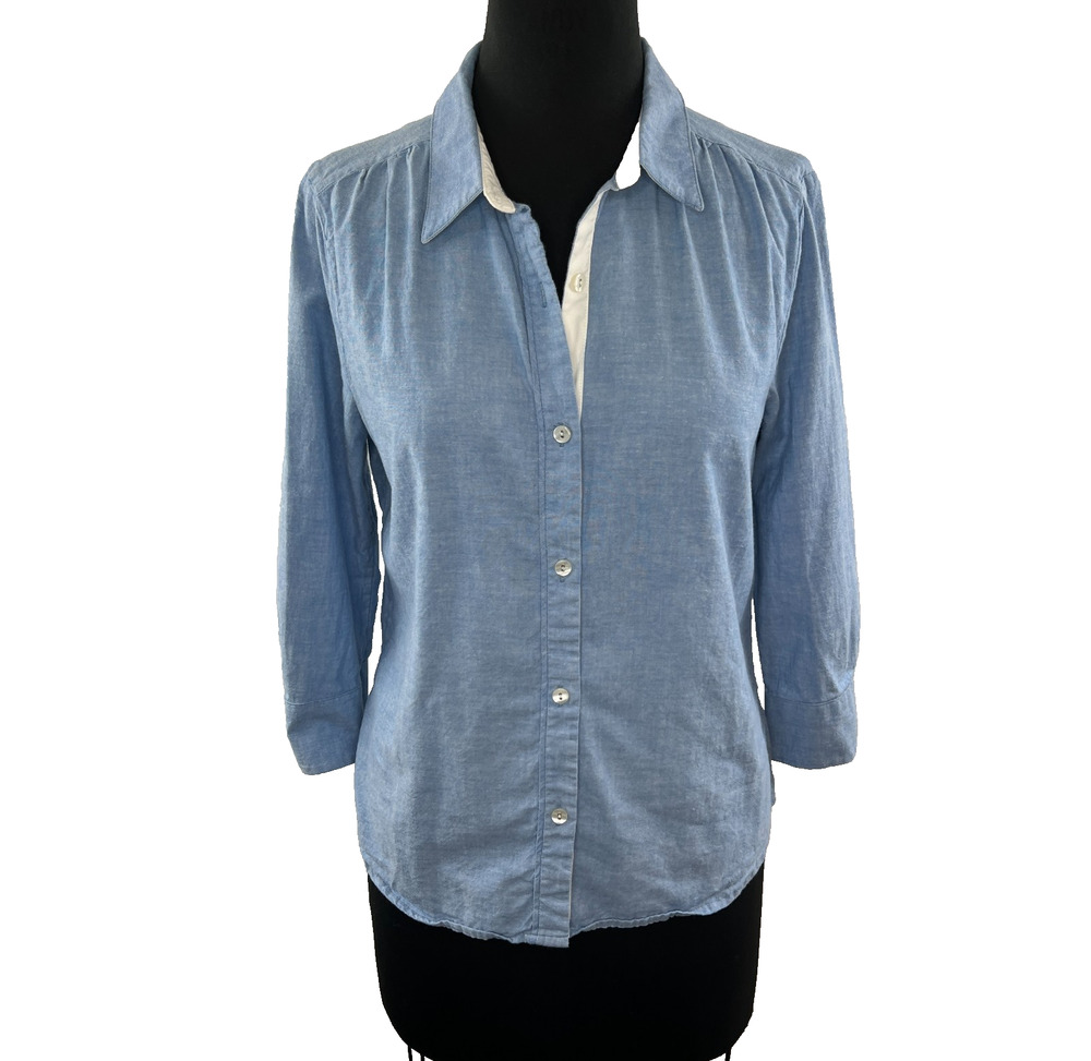 7 For All Mankind Chambray White Detail Button Down 3/4 Sleeve Shirt M Medium
